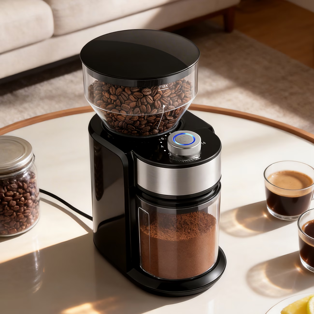Electric Coffee Mill Featuring Adjustable Burrs, Offering 16 Precise Grinding Options for 2 to 14 Cups, in Black Color.