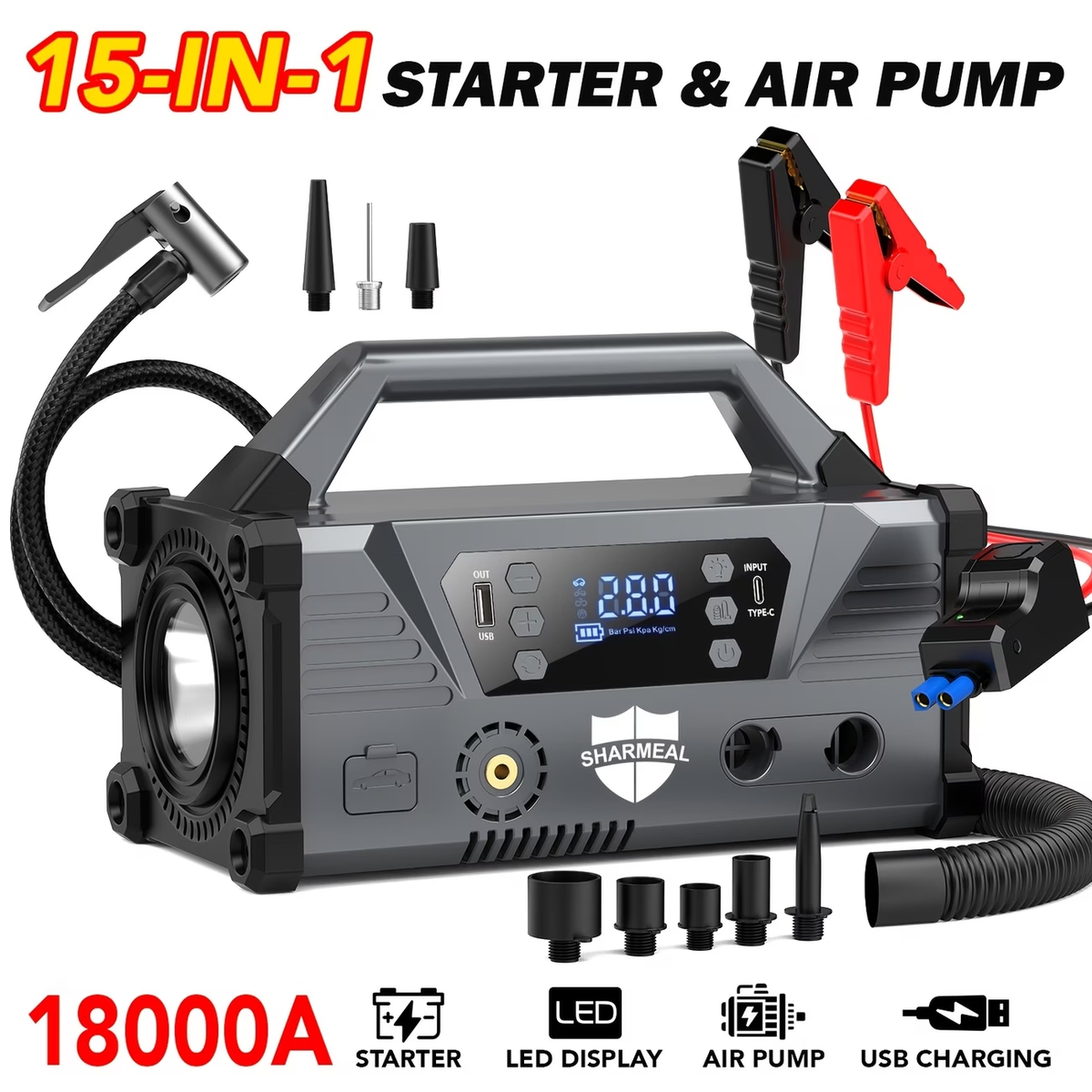 18000A/20000A 15-In-1 Car Jump Starter with Air Compressor And Enhanced Blower, Powered by a 12V Car Battery (Suitable for All Gasoline Cars And 2.64gal Diesel Cars), Equipped with a 200PSI Tire Inflator, 20000Mah Battery, And 3-Mode Flashlight