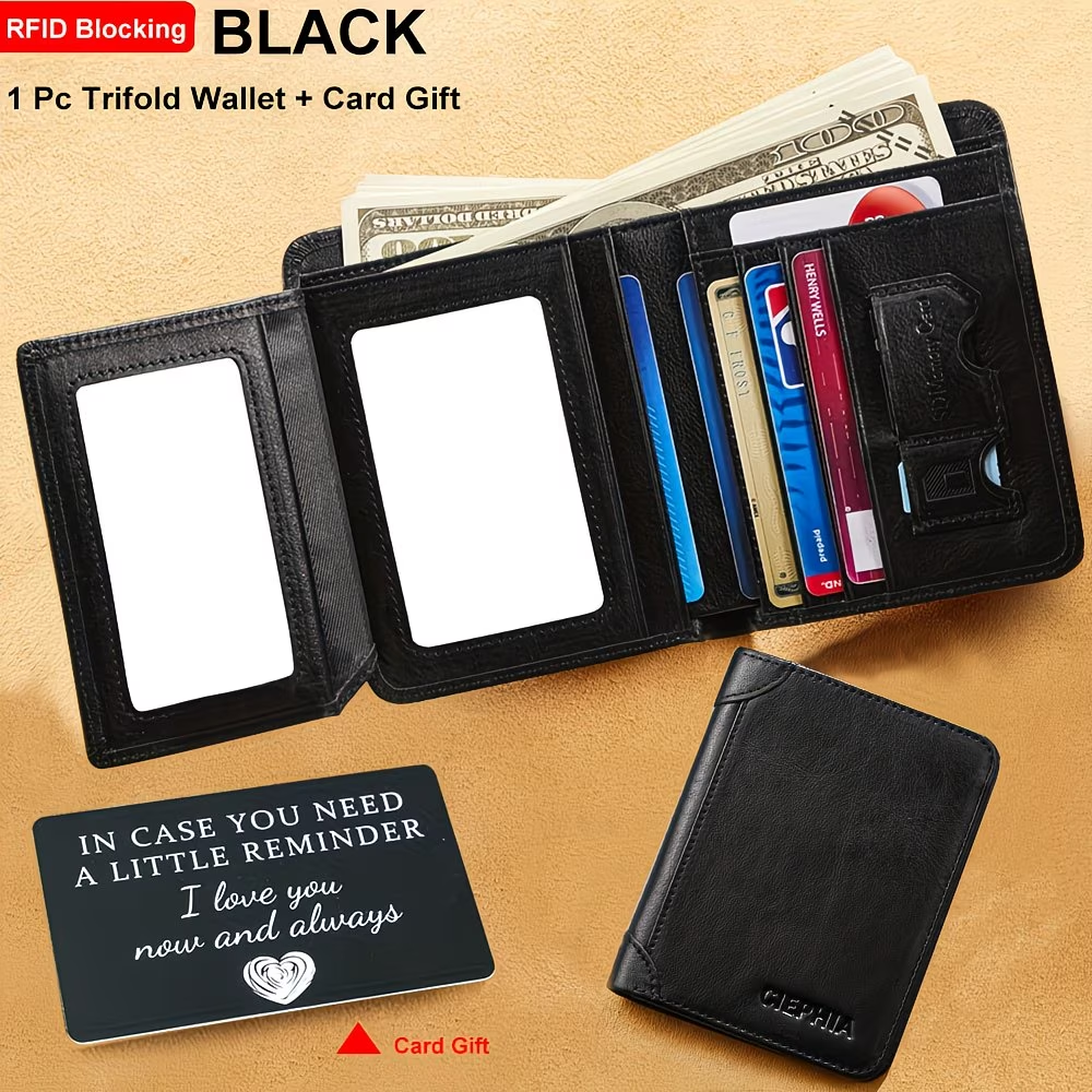 Genuine Leather Men's Wallet with Blessing Card Set, RFID Blocking, Ultra-Thin, Top-Grain Cowhide, Compact Multi-Function ID and Credit Card Holder, Christmas Valentine's Day Father's Day Gift