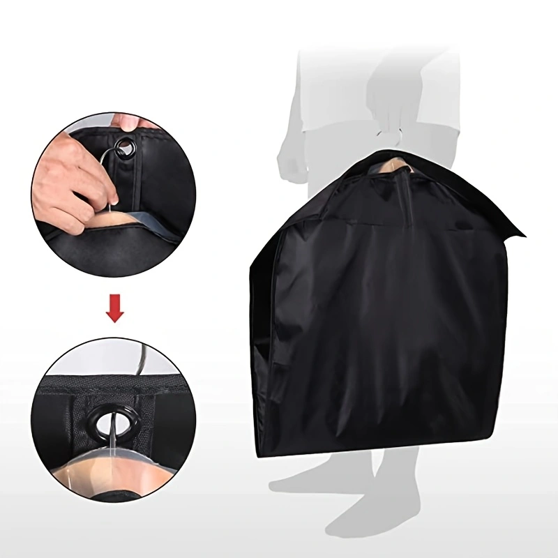 Black non-woven garment storage and dust cover; hanging suit organizer bag with a clear viewing window; easy-to-maintain, moisture-proof, and dust-proof storage bag for formal wear and suits.