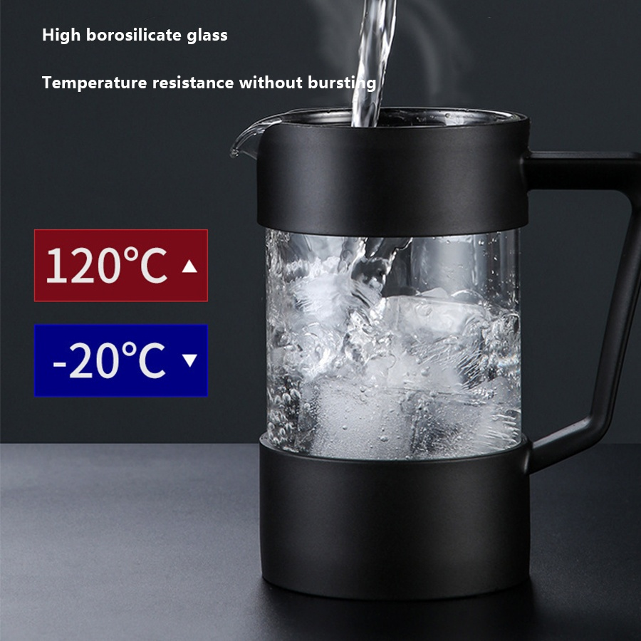 This French press coffee maker features a high borosilicate heat-resistant glass body with a 304 stainless steel filter. It's suitable for brewing tea and coffee, frothing milk, and is ideal for home use or group outdoor trips.