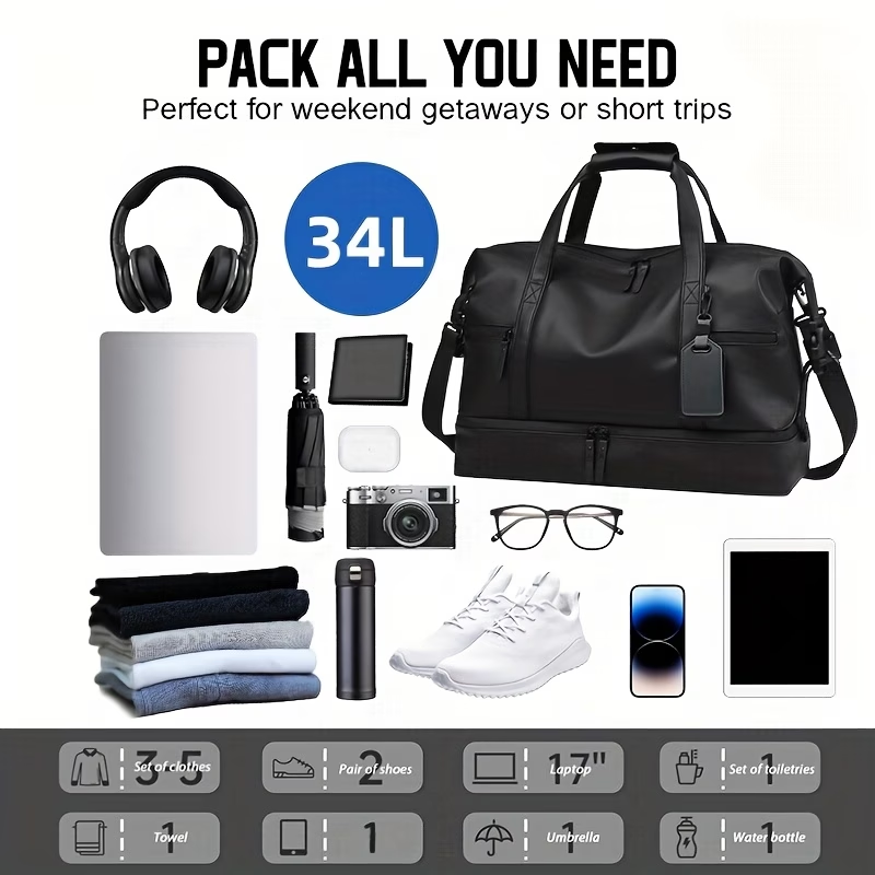 Travel Bag for Fitness, Made of PU, Foldable Sports Luggage with a Compartment for Shoes And a Wet Pocket, Ideal for Workouts, Weekend Sports, Lightweight Handbag for Everyday Use, Carry-On Luggage