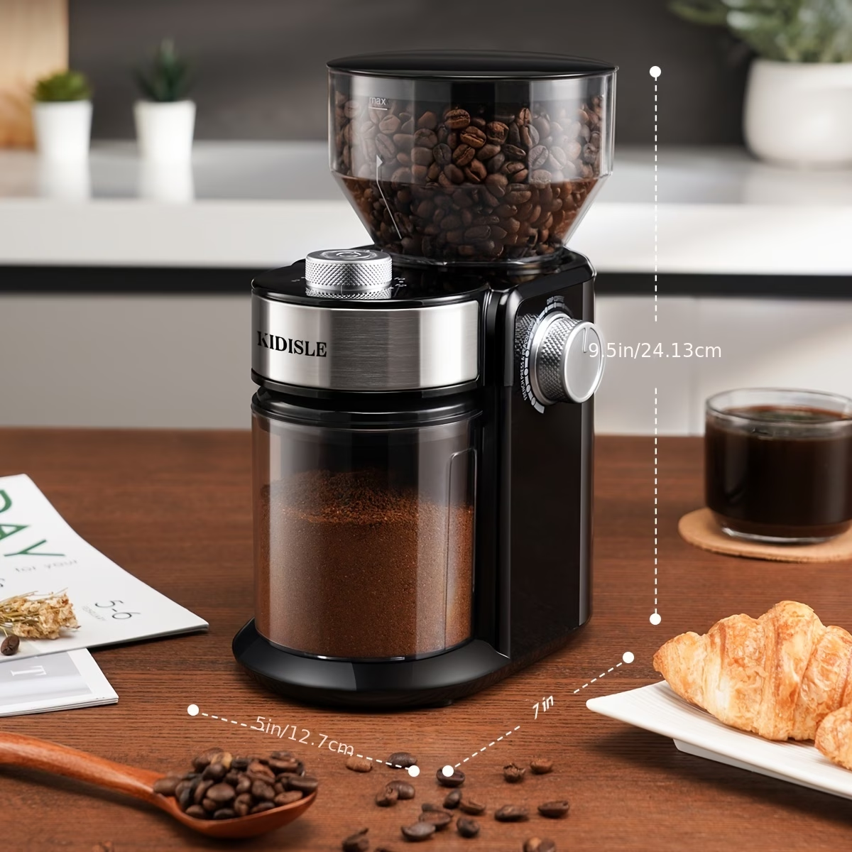 Electric Coffee Mill Featuring Adjustable Burrs, Offering 16 Precise Grinding Options for 2 to 14 Cups, in Black Color.