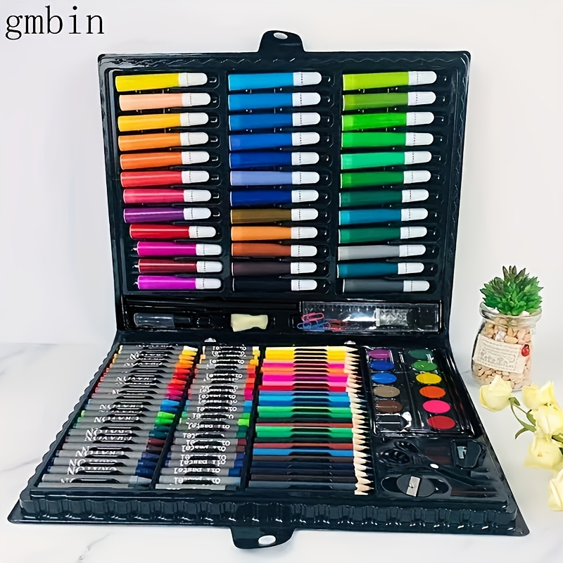 Paintbrush, watercolor, crayon, and wax stick drawing tool set; school supplies drawing set; black drawing set.