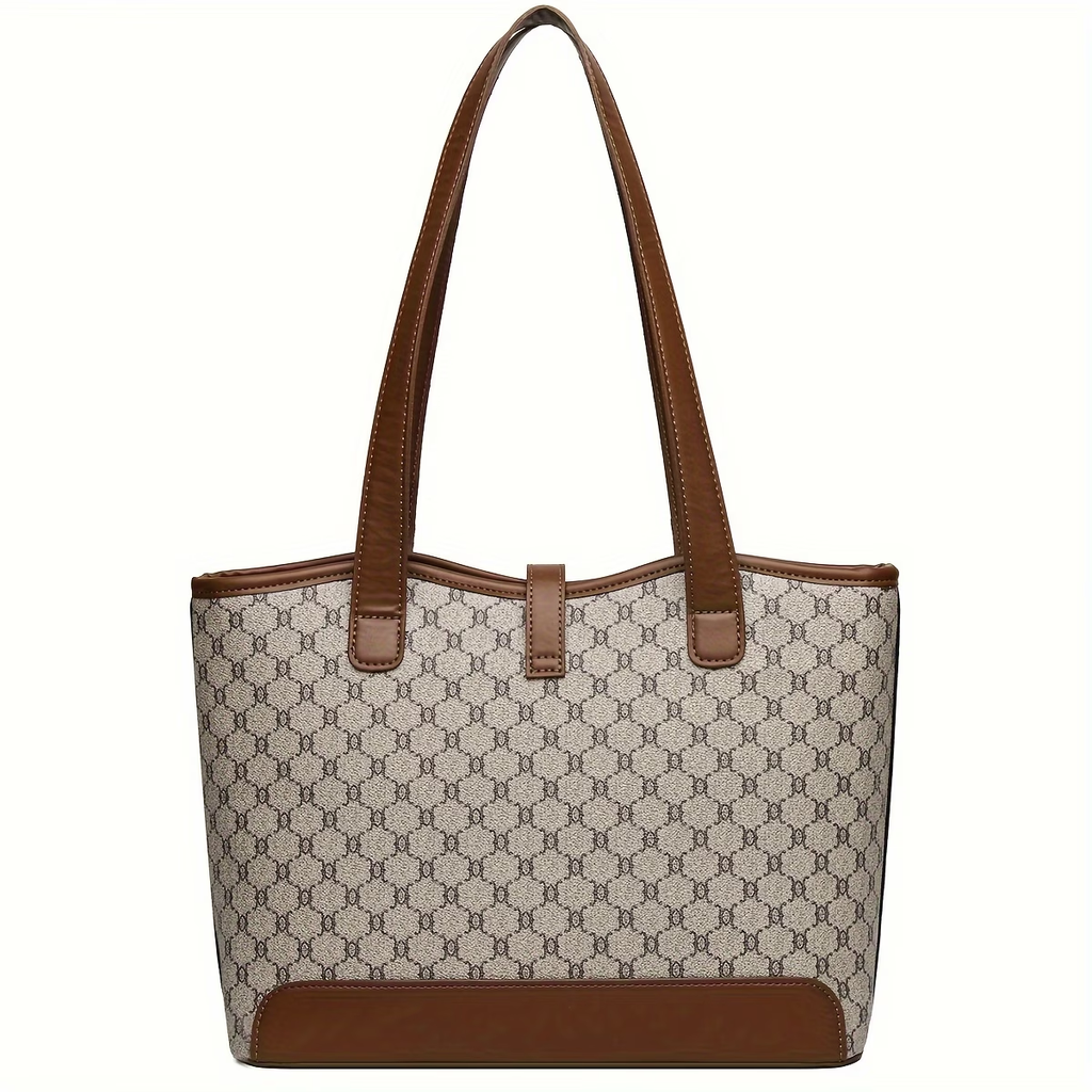 Women's Large Capacity Tote Bag - Coffee & Gray with Golden-Tone Hardware, Zipper Closure, Sturdy Handles & Detachable Shoulder Strap for Work, Travel, Everyday Use, Elegant Handbag, Oiled Edge Construction