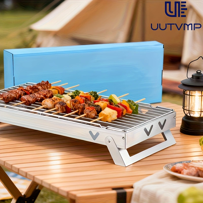 Foldable BBQ grill, disposable BBQ grill, compact folding grill; quick to set up, easy to use, lightweight and portable, space-saving; ideal for camping, gatherings, and BBQ events.