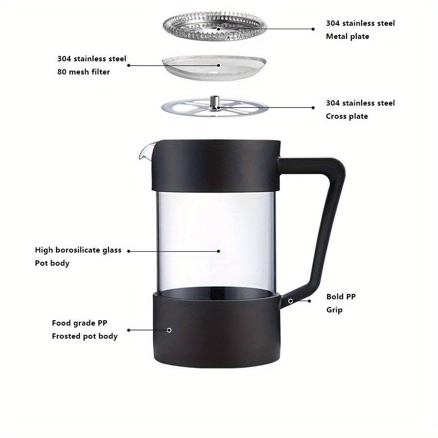This French press coffee maker features a high borosilicate heat-resistant glass body with a 304 stainless steel filter. It's suitable for brewing tea and coffee, frothing milk, and is ideal for home use or group outdoor trips.