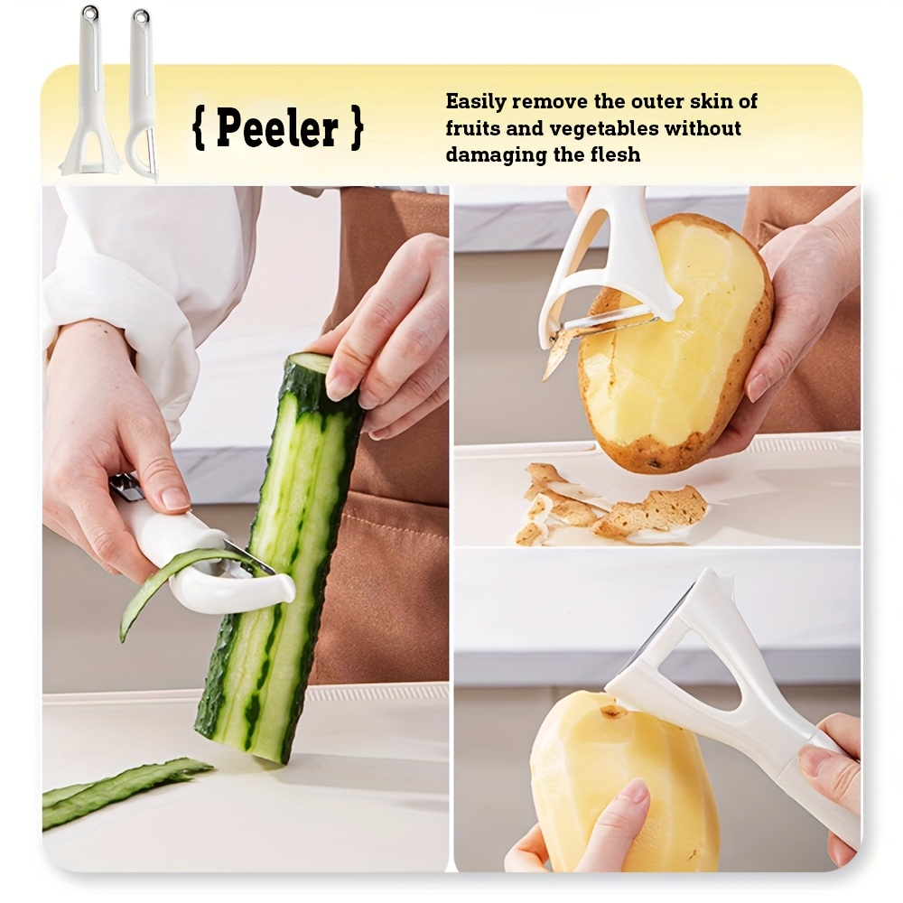6pcs Multi-piece kitchen tool set, including a strainer, peelers (both vertical and horizontal), grater, bottle opener, and egg beater.