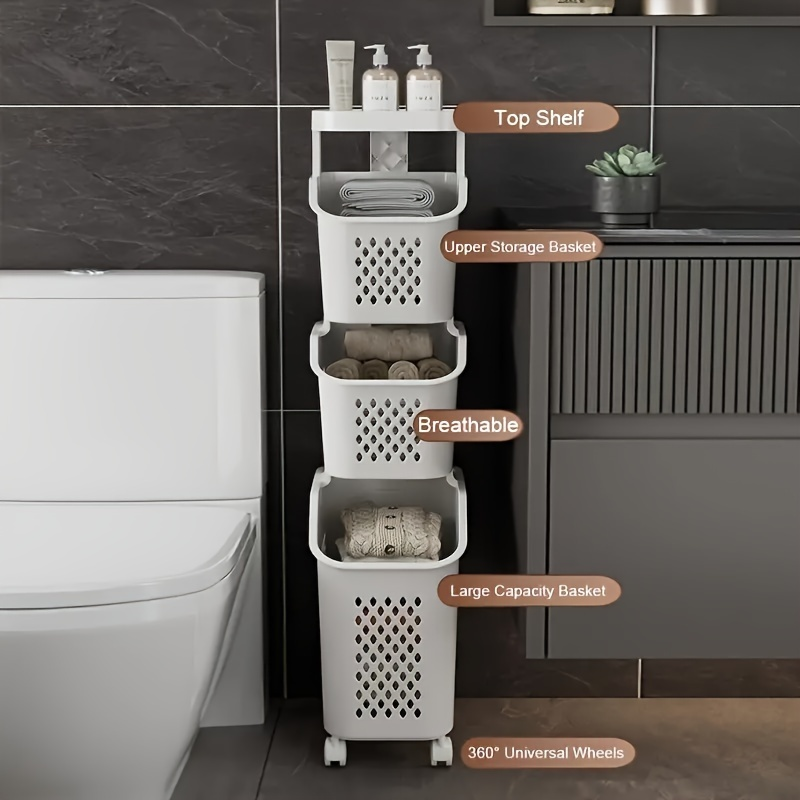 Three-tier laundry basket/storage rack for bathroom, balcony, and bedroom spaces