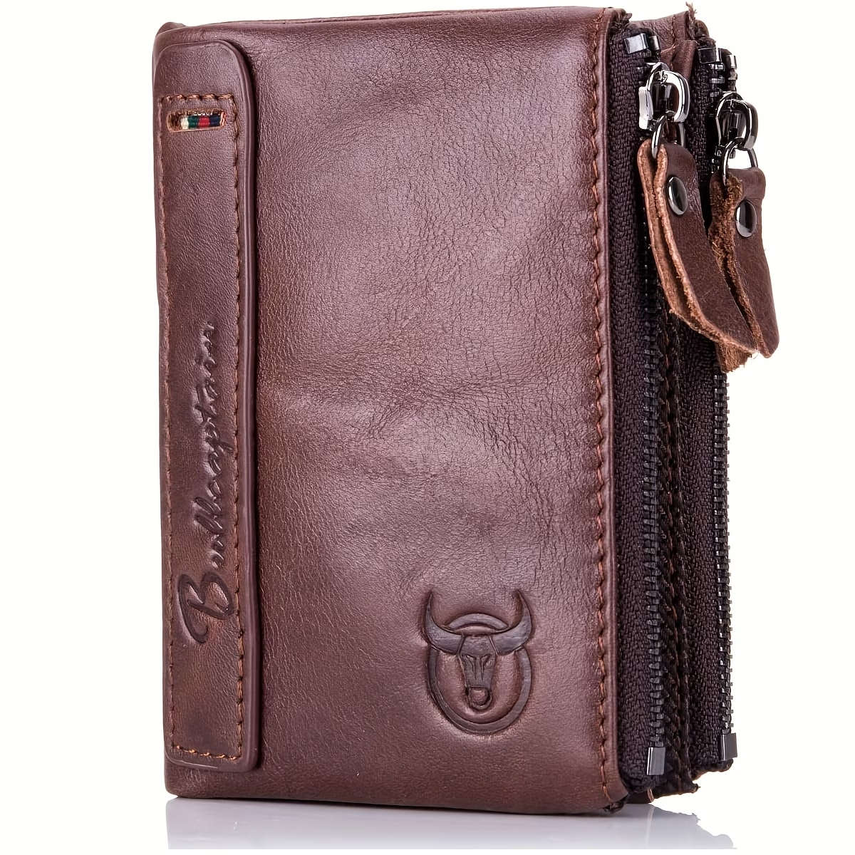 Men's Genuine Leather Wallet, Vintage Style, Animal Pattern, Braided Weave, Ruffle Detail, with Dual Zipper Pockets, Men's Everyday Wallet | Retro Charm Wallet | Crafed with Detailing