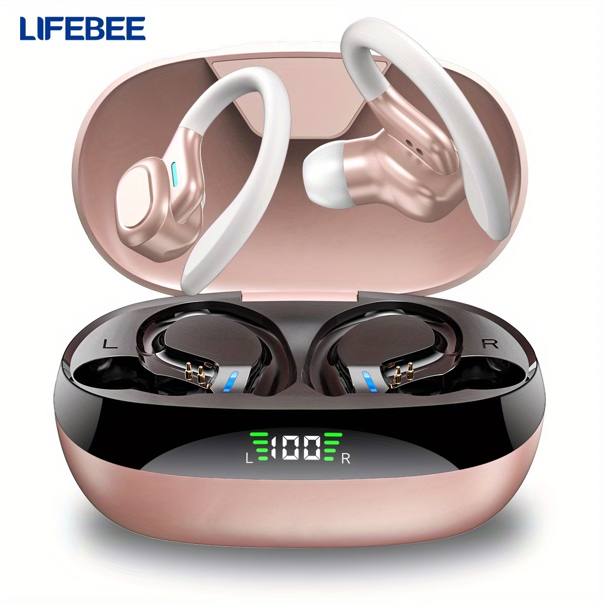LIFEBEE Wireless Running Earbuds with Earhooks, Noise Cancelling Headphones for Sports, Dual-LED Display, Pure Bass Sound, Built-in Microphone
