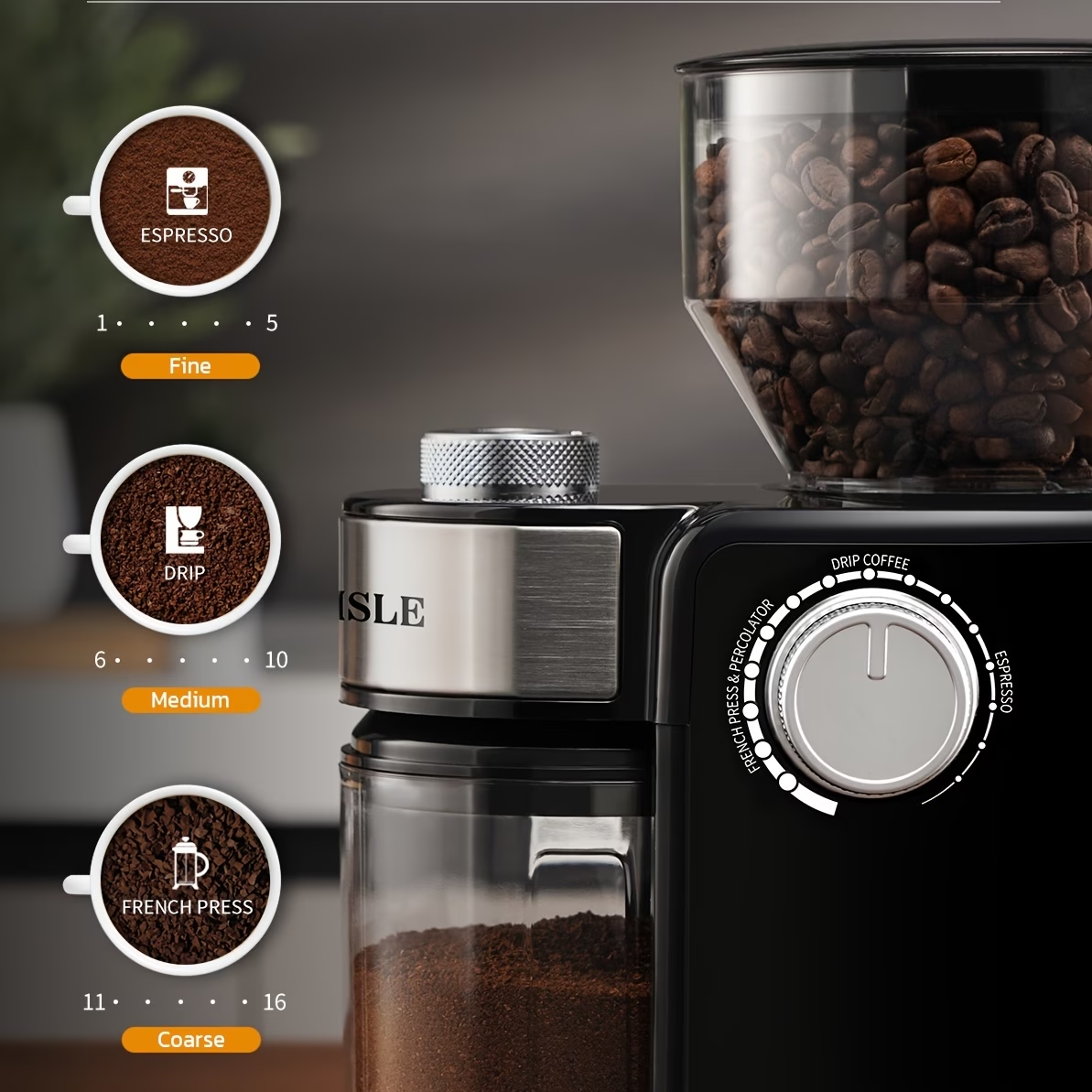 Electric Coffee Mill Featuring Adjustable Burrs, Offering 16 Precise Grinding Options for 2 to 14 Cups, in Black Color.