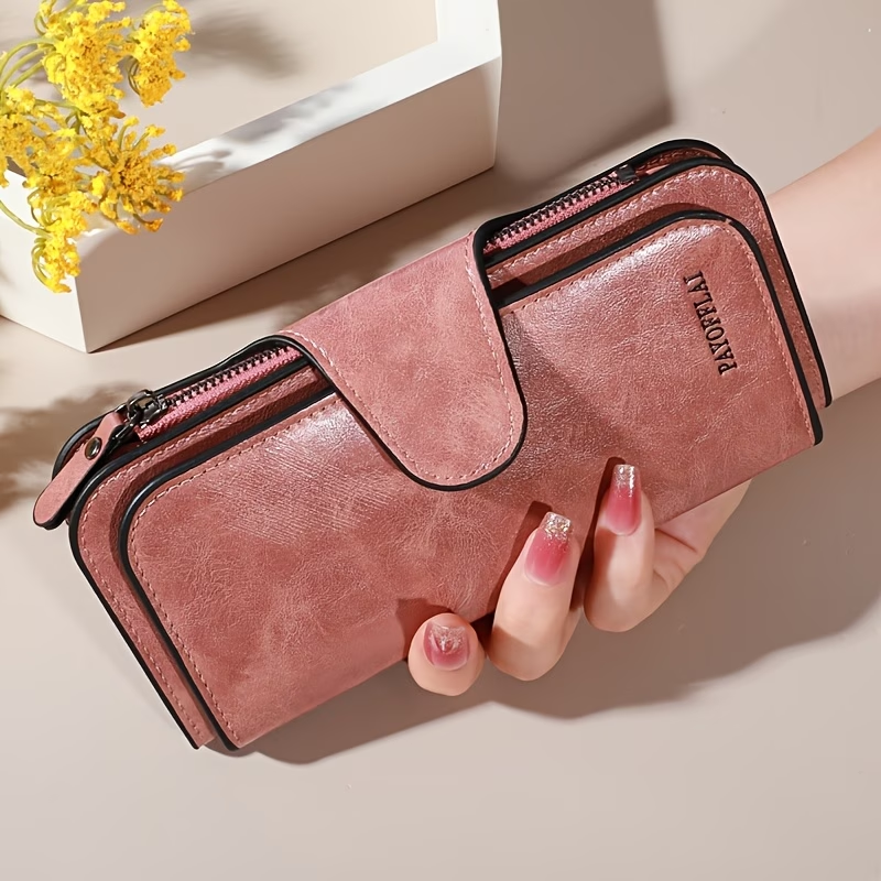 Women'S Large Capacity Clutch Luxury Waxed Wallet Multi-Card Storage Box Credit Card Holder Wallet with Zipper Pocket ID Window