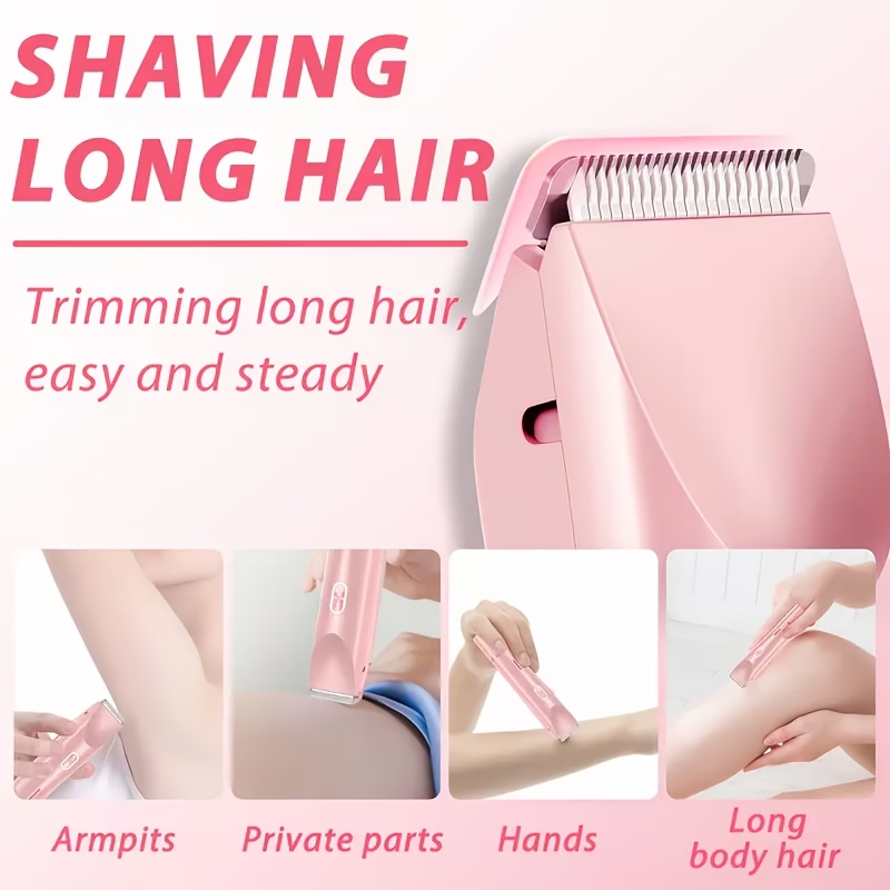 2-in-1 Pink Dual Head Bikini Trimmer For Women Electric Shaver For Wet & Dry Use Body Hair Remover For Bikini Underarms Legs Arms Face Long Battery Life USB Rechargeable Hypoallergenic Blades Facial Hair Removal Ergonomic Grip Adjustable