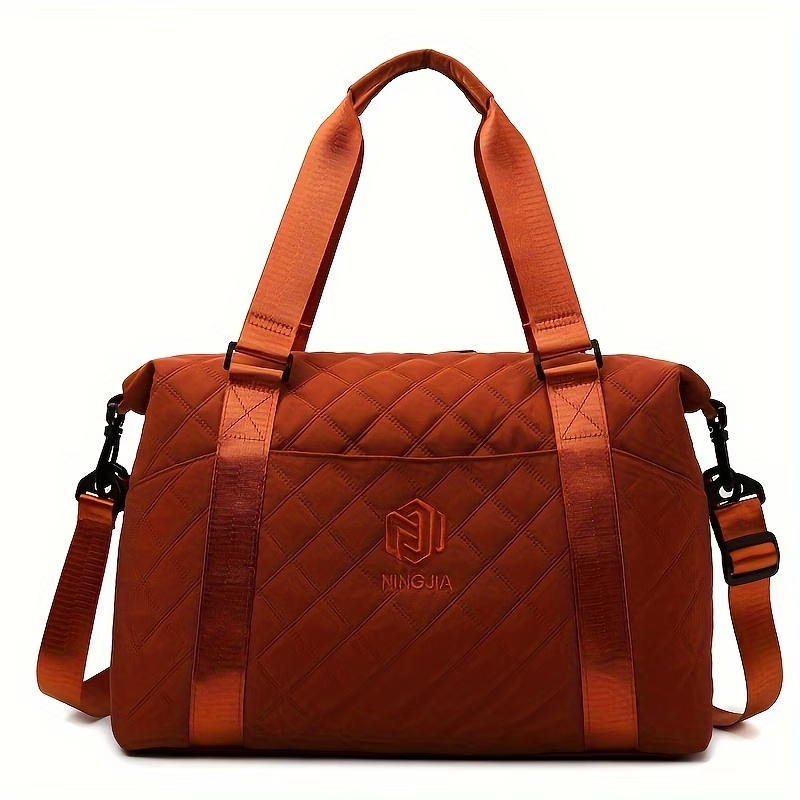 Large Capacity Quilted Travel Duffel Bag with Rhombus Pattern, Solid Color Overnight Carry-On Tote with Multiple Storage Pockets