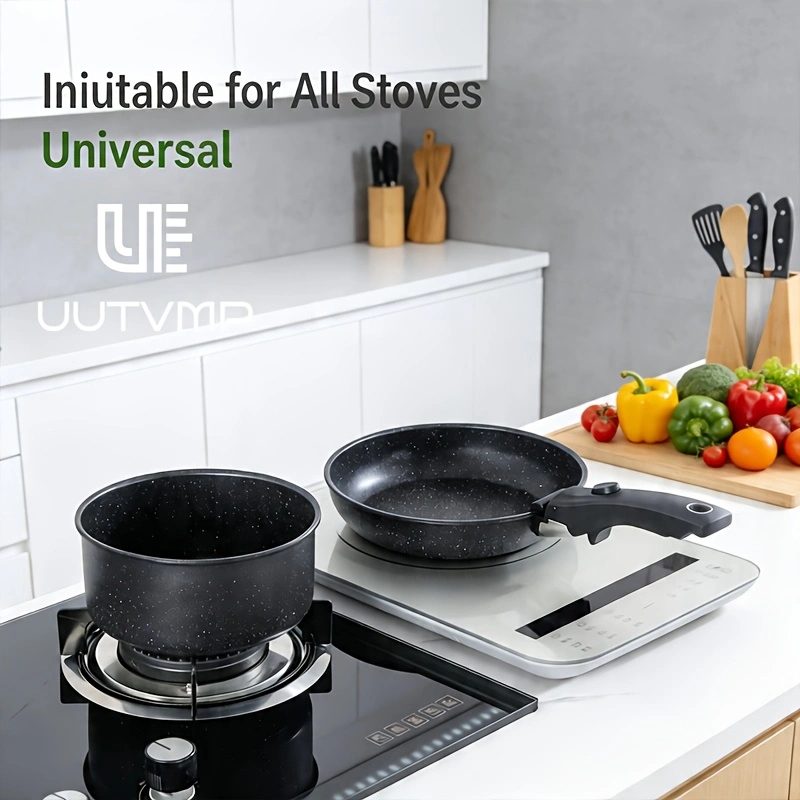 Non-stick cookware set (3 pieces): 2 frying pans + 1 saucepan + 1 cookware set with detachable handle.