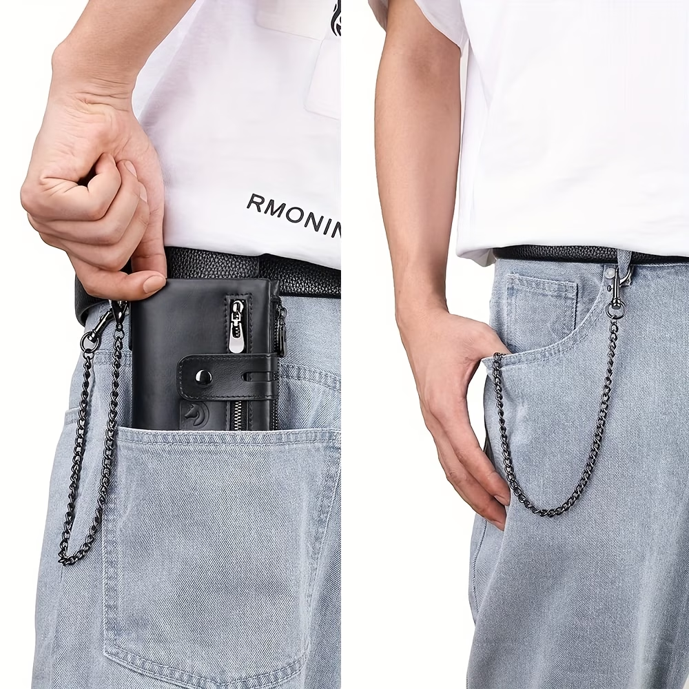Men's Wallet With Chain - Genuine Leather Short Wallet RFID Blocking Card Holder Double Zipper Coin Pocket Anti-Theft Wallet - For Men - Suitable for Everyday Use - Ideal Gift for Father's Day, Birthday