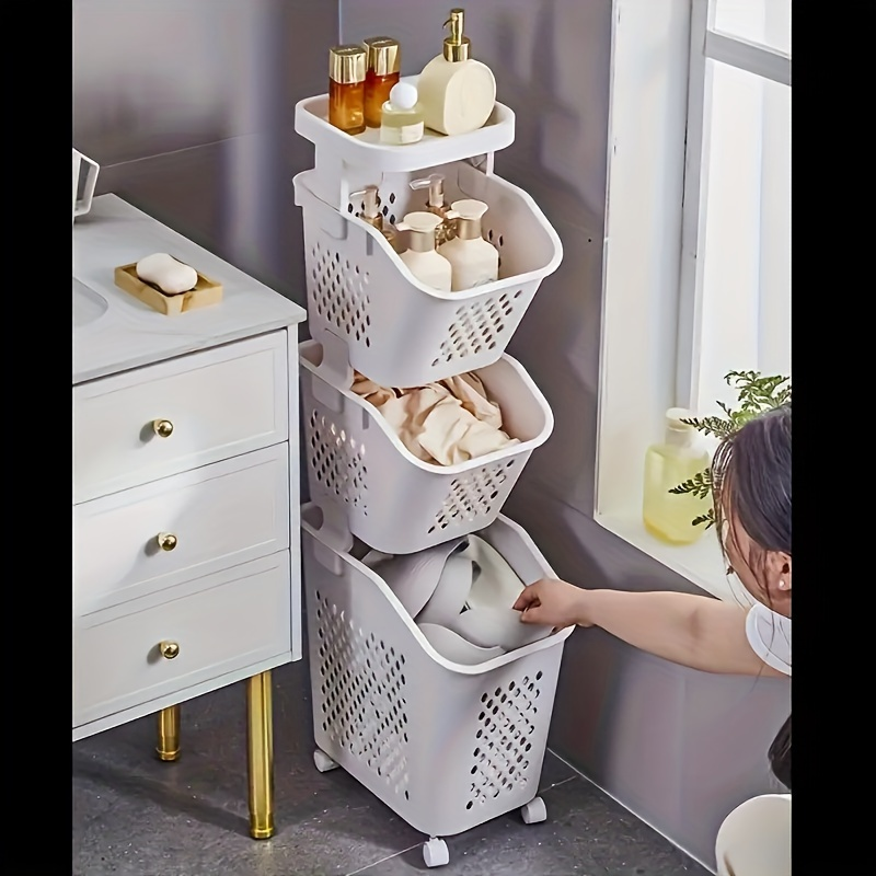 Three-tier laundry basket/storage rack for bathroom, balcony, and bedroom spaces