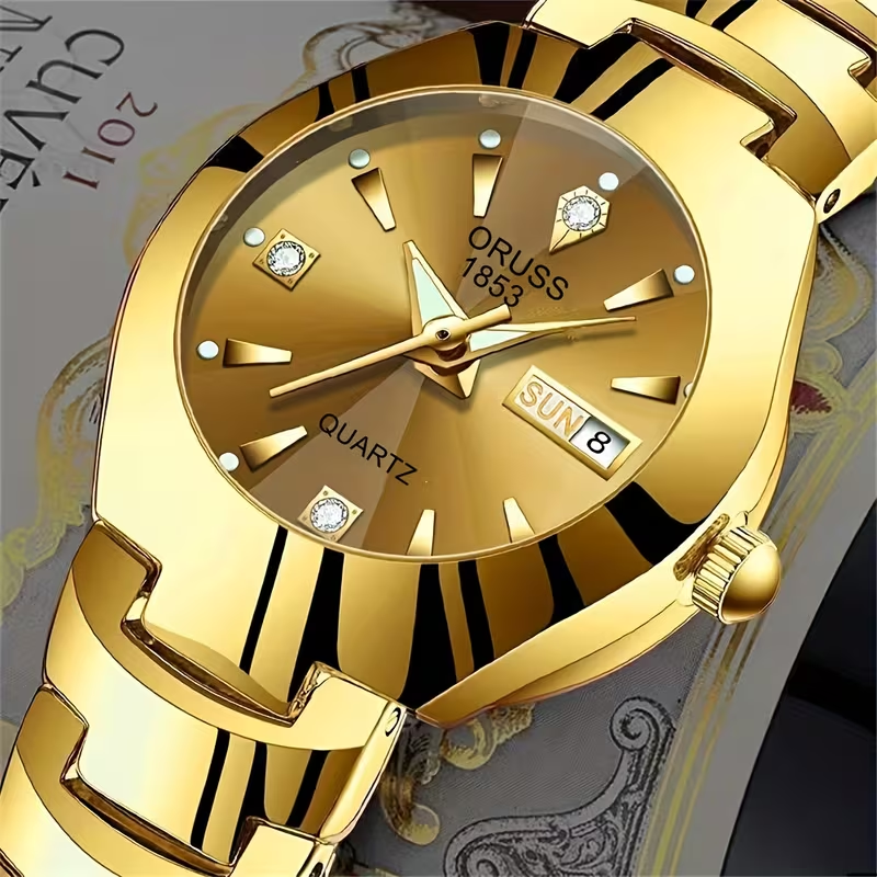 Women's Watch Luxury Rhinestone Quartz Watch Golden Fashion Analog Calendar Wrist Watch Date Watch
