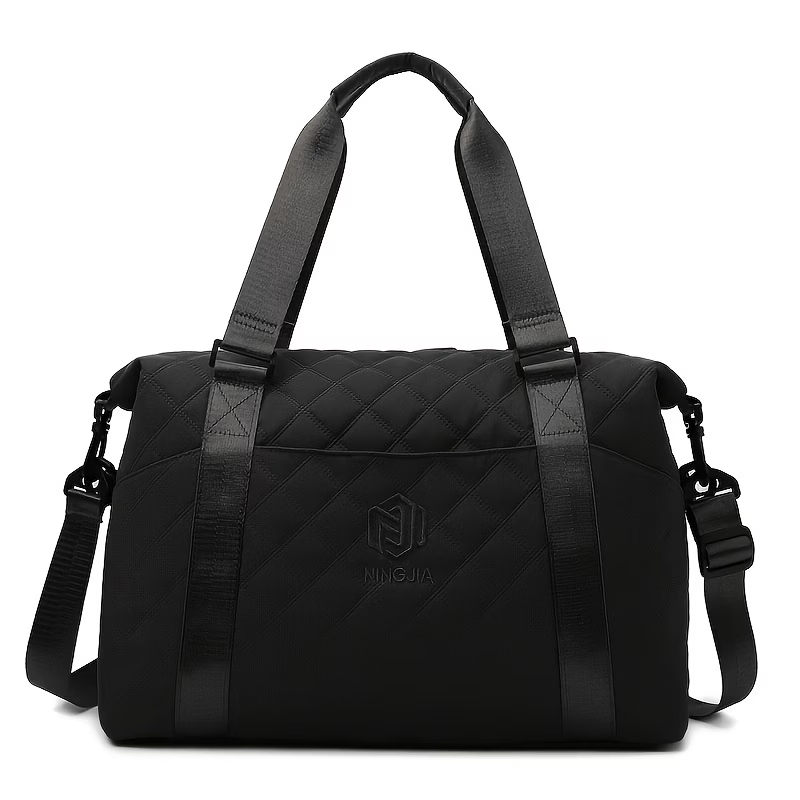 Large Capacity Quilted Travel Duffel Bag with Rhombus Pattern, Solid Color Overnight Carry-On Tote with Multiple Storage Pockets