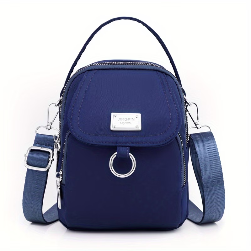 OGEHUAFEE Women'S Light Blue Nylon Shoulder Bag - Casual Mini Crossbody with Adjustable Strap, Multi-Layer, External Headphone Hole, Solid Color, Secure Zip Closure, Small Crossbody Bag
