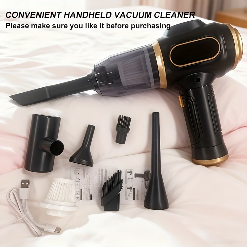 High-Power Handheld Vacuum Cleaner with Strong Suction - Fast Cleaning, Includes Crevice Tool & Multiple Accessories and Brushes, USB Charging, Blowing and Sucking Function, for Home and Car Use, Hair Removal, Quick Cleanup, Ergonomic Grip