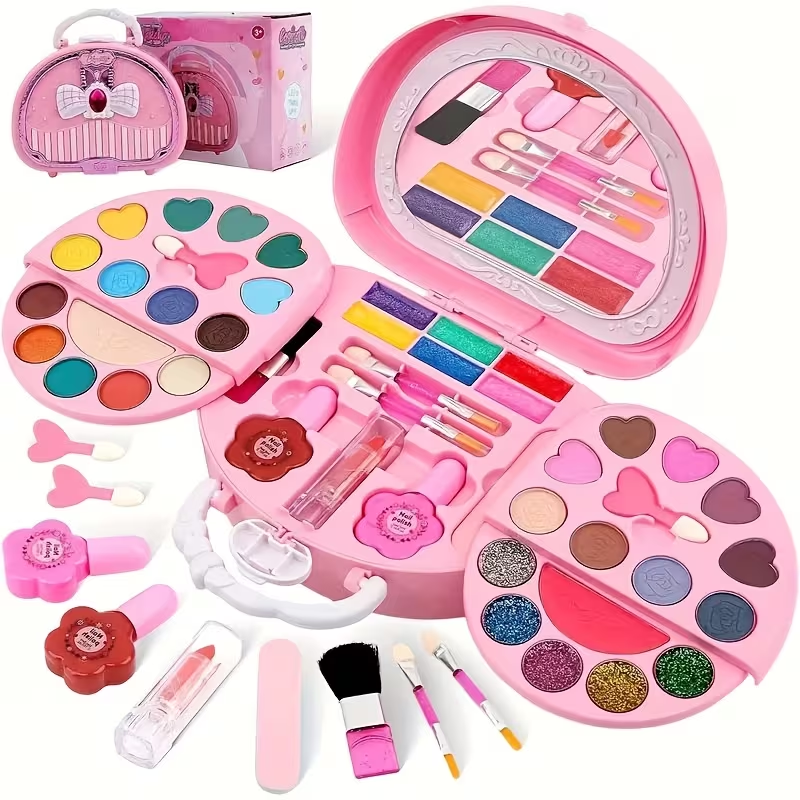 1 Set of Princess Makeup Toy Set, 3-Layer Washable Cosmetic Box, Suitable for Girls Aged 3 And Above for Role-Playing Dress-Up Sets, Birthday Parties, Halloween, And Christmas Gifts