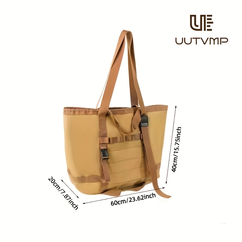 This outdoor khaki tote bag features multiple compartments and can be worn on the shoulder, by the hand, or crossbody for various occasions, including camping, hiking, outdoor commuting, and everyday outings.