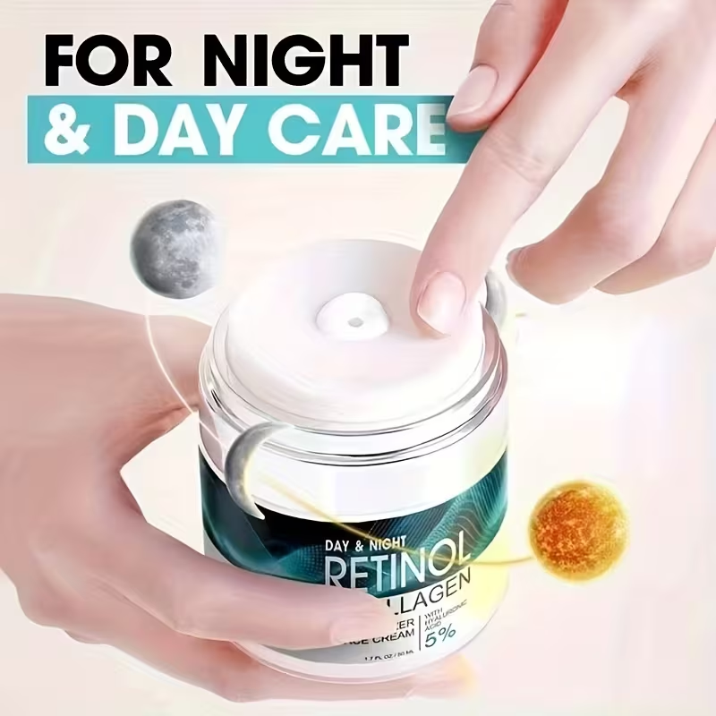 1pc 50ml Retinol Moisturizing Cream with Collagen, Hyaluronic Acid & Vitamin E • Hypoallergenic Face Moisturizer for Dry Light • Improves Elasticity • Hydrating Lotion for Women & Men • All Light Types • Daily Skincare • Sleek Jar Design