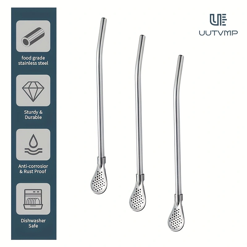 3PCS  Ice drink strainer, straw, and spoon, made of thickened 304 stainless steel, not for single use, reusable, 18cm long, detachable for cleaning, multifunctional, smooth and comfortable to use.