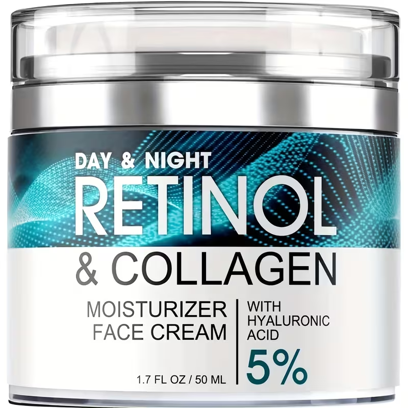 1pc 50ml Retinol Moisturizing Cream with Collagen, Hyaluronic Acid & Vitamin E • Hypoallergenic Face Moisturizer for Dry Light • Improves Elasticity • Hydrating Lotion for Women & Men • All Light Types • Daily Skincare • Sleek Jar Design