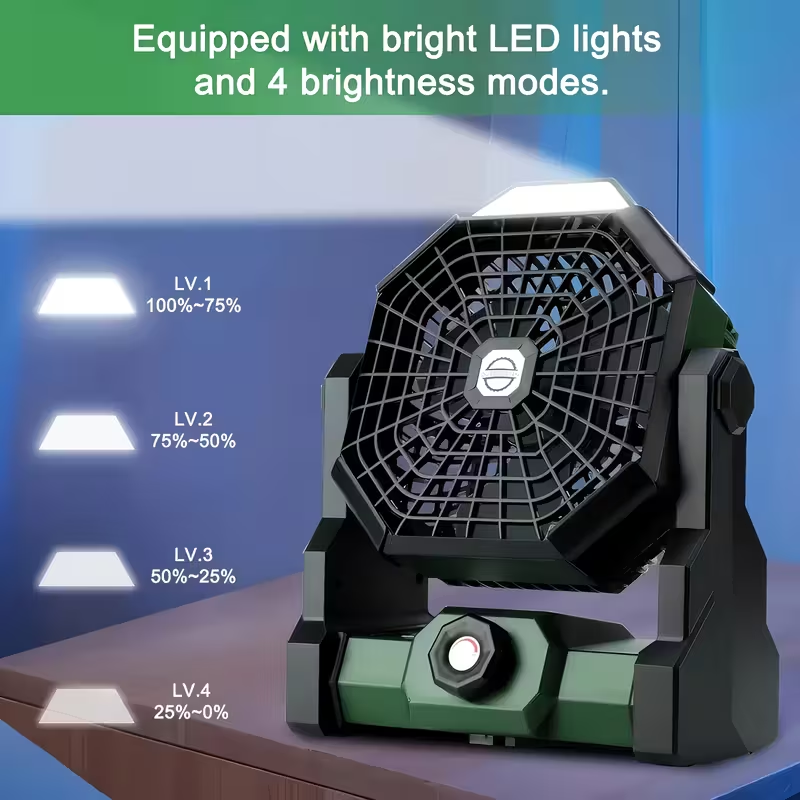 New Multifunctional Outdoor Fan with Stepless Speed Control, Portable Hanging Anywhere, LED Light for Illumination, Essential for Camping, Autumn and Winter, Holiday Outdoor Travel, USB Rechargeable, Extra Large Lithium Battery with Long Endurance