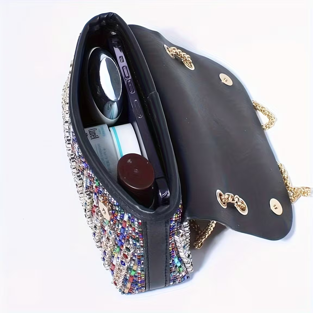 Rhinestone Clutch Bag Women'S Evening Bag, Sparkling Handheld Party Wallet, Texture, Full Diamond Heavy Decoration, Large Capacity, Golden Chain Shoulder Strap, Suitable For Dinner, Party, Formal Events, Halloween Gifts, Christmas Gifts