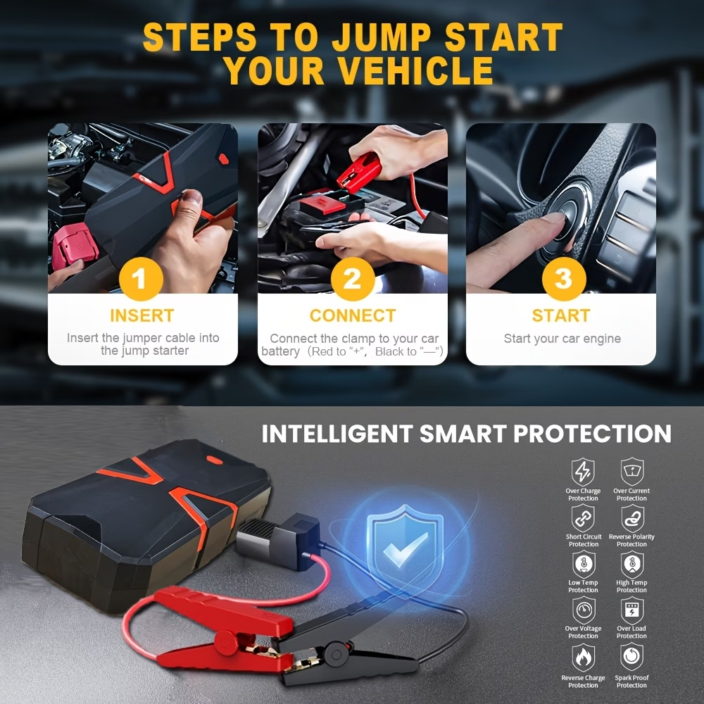5-in-1/9IN1 Portable Car Battery Jump Starter With Tire Inflator 12V Fast Start, Battery Boost, USB I/O, LED Emergency Light, Reliable Power, Roadside/Vehicle Emergency Tools 3000A Portable Wireless Car Jump Starter Battery Jump Starter Portable Pea