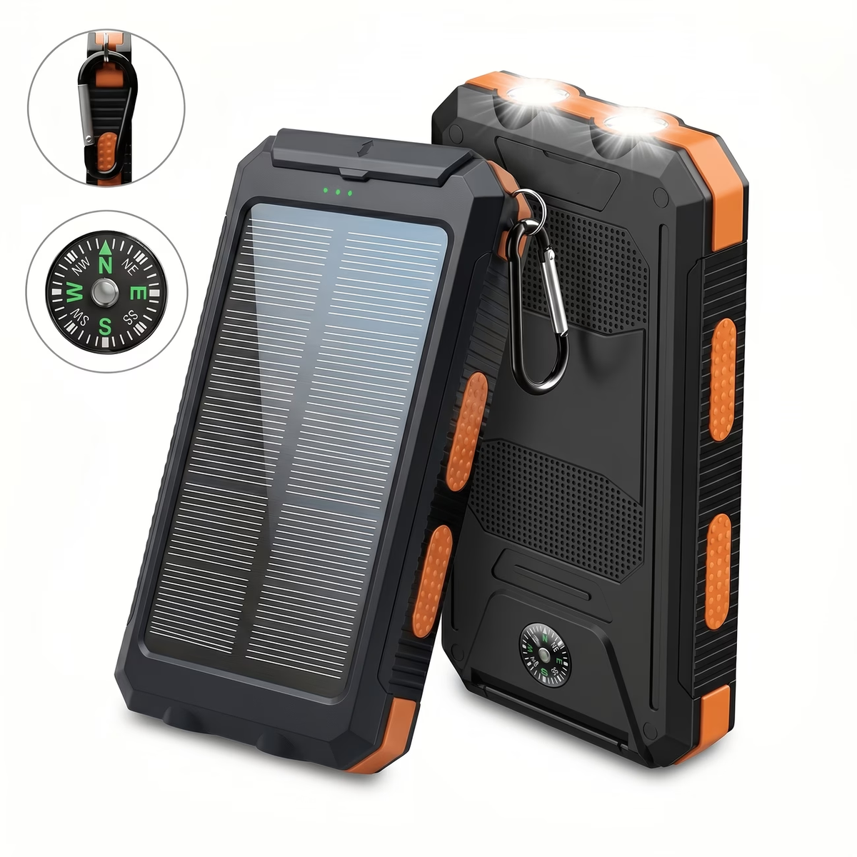 Portable Solar Mobile Phone Charger, Camping External Battery Charger For Mobile Phones, 2 USB/ LED Flashlights With Compass For Outdoor Activities, 20000mAh Portable Solar Power Bank