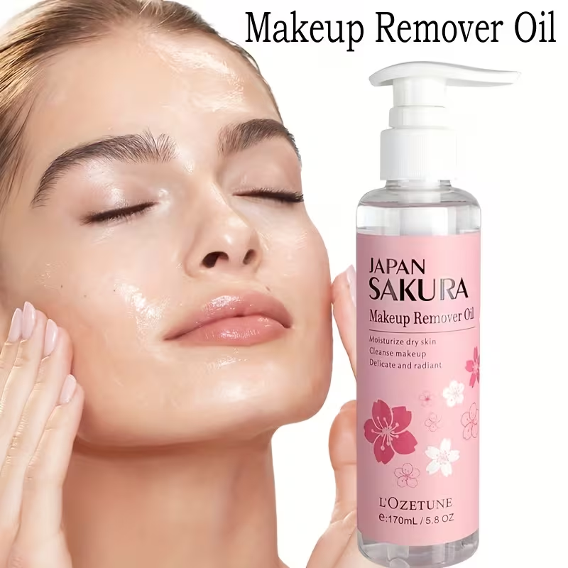 New Release 5.75oz Sakura Love Makeup Remover Oil, Contains Plant-Derived Squalane, Gentle Alcohol-Free Formula, Emulsifies in One Second, Refreshing and Non-Comedogenic, Suitable for Students and Women, A Must-Have for Daily Makeup Removal