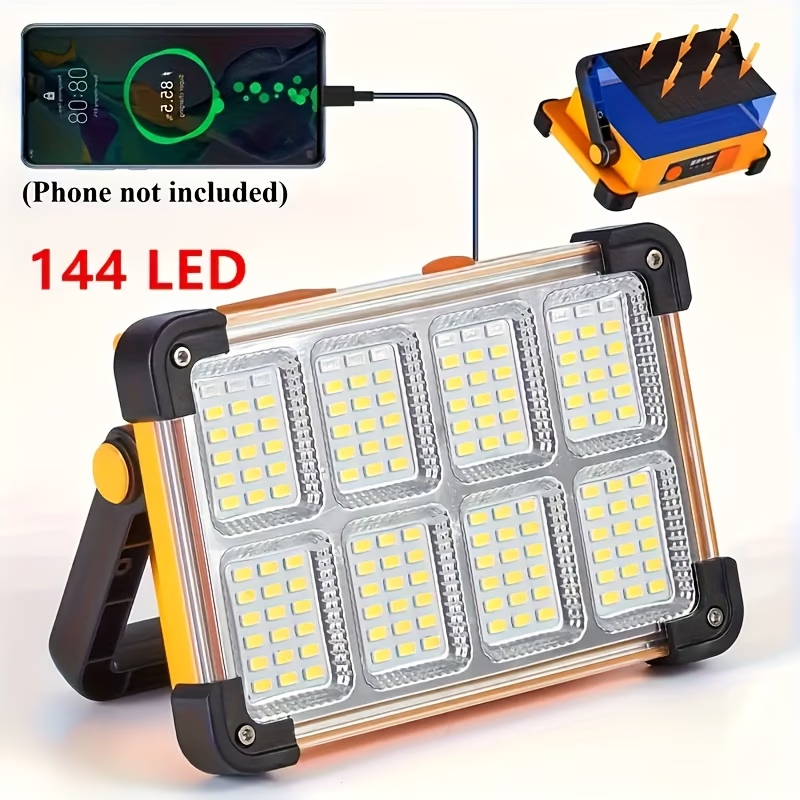 1pc 144 LED Bead 8-Grid Emergency Light, Solar-Powered Searchlight with 5 Lighting Modes, USB Charging Function, Long-Lasting Battery, IP66, Portable Floodlight, Transparent Grid Surface Design with Black/Yellow Handle, Magnetic Base Emergency
