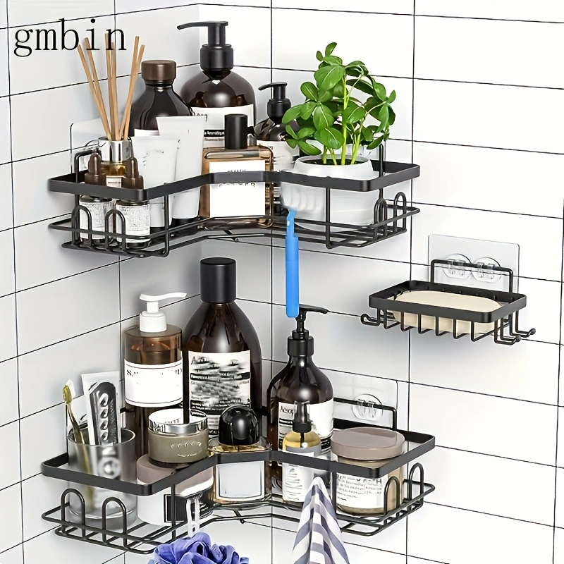 No-drill metal bathroom corner shelf set (3 pieces), wall-mounted bathroom triangular shelf, toilet and bathroom toiletries storage rack, multi-purpose kitchen spice rack.