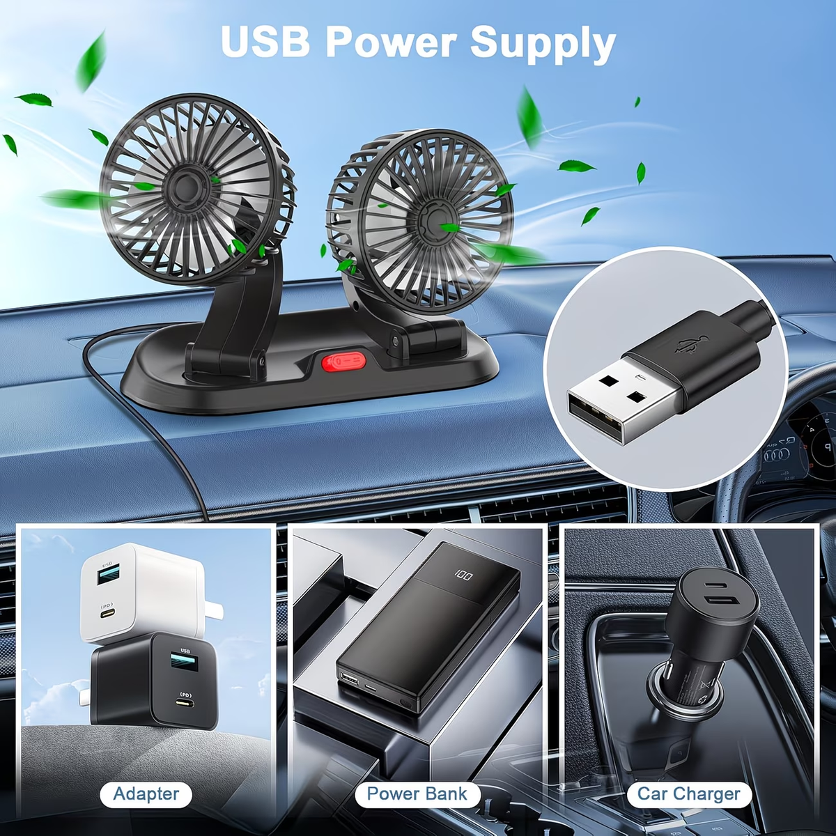 USB Fan for Cars with Dual Heads, 360° Adjustable - Ideal for Computers And Gadgets, Features 2 Speed Settings, Works with Trucks And Suvs - Compatible with Laptops