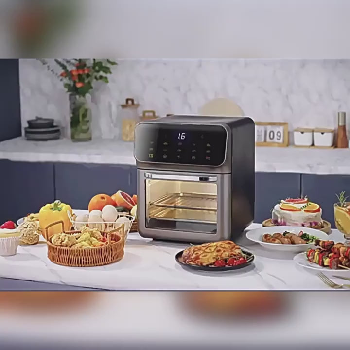 12QT Desktop Oven Set, 10 in 1 Multifunctional Air Fryer Toaster Combination, Baking, Reheating, No Deep Frying, Stainless Steel, LED Digital Touch Screen, Visible Window, Healthy Cooking, Space Saving Design, Black