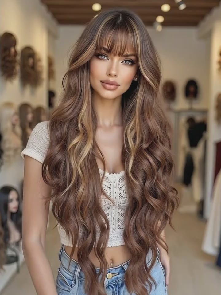 [Brown Curly Daily Wear Wig] Elegant 32" Brown Curly Wig with Bangs for Women - Soft, Heat-Resistant Synthetic Hair, Perfect for Daily Wear & Special Occasions