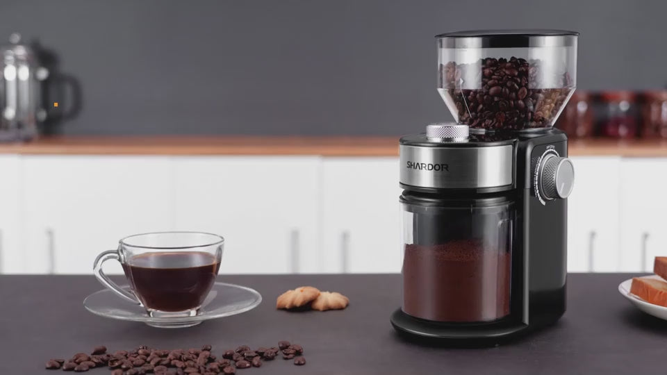 Electric Coffee Mill Featuring Adjustable Burrs, Offering 16 Precise Grinding Options for 2 to 14 Cups, in Black Color.