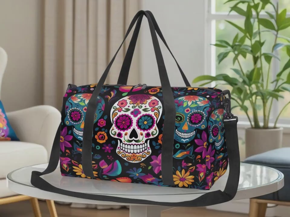 Mandala And Skull Flower Combined Print Travel Bag, Men'S And Women'S Trendy Outdoor Luggage Bag, Sports Yoga Bag