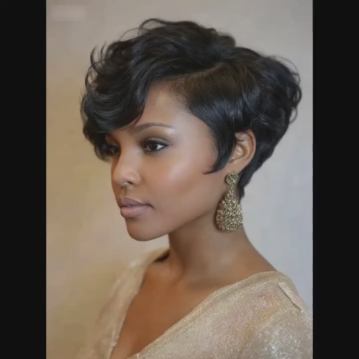 Natural Looking Remy Human Hair Wig for Women - Curly Wave Pixie Cut with 13*4*1 Lace Front, 150% Density Loose Curly Wavy Hairstyle, Natural Black Hair for Parties, Holidays & Special Occasions - Full Volume & Lift